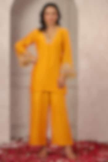 Mango Yellow Silk Chanderi Embroidered Co-Ord Set by ANSHU WADHWA at Pernia's Pop Up Shop