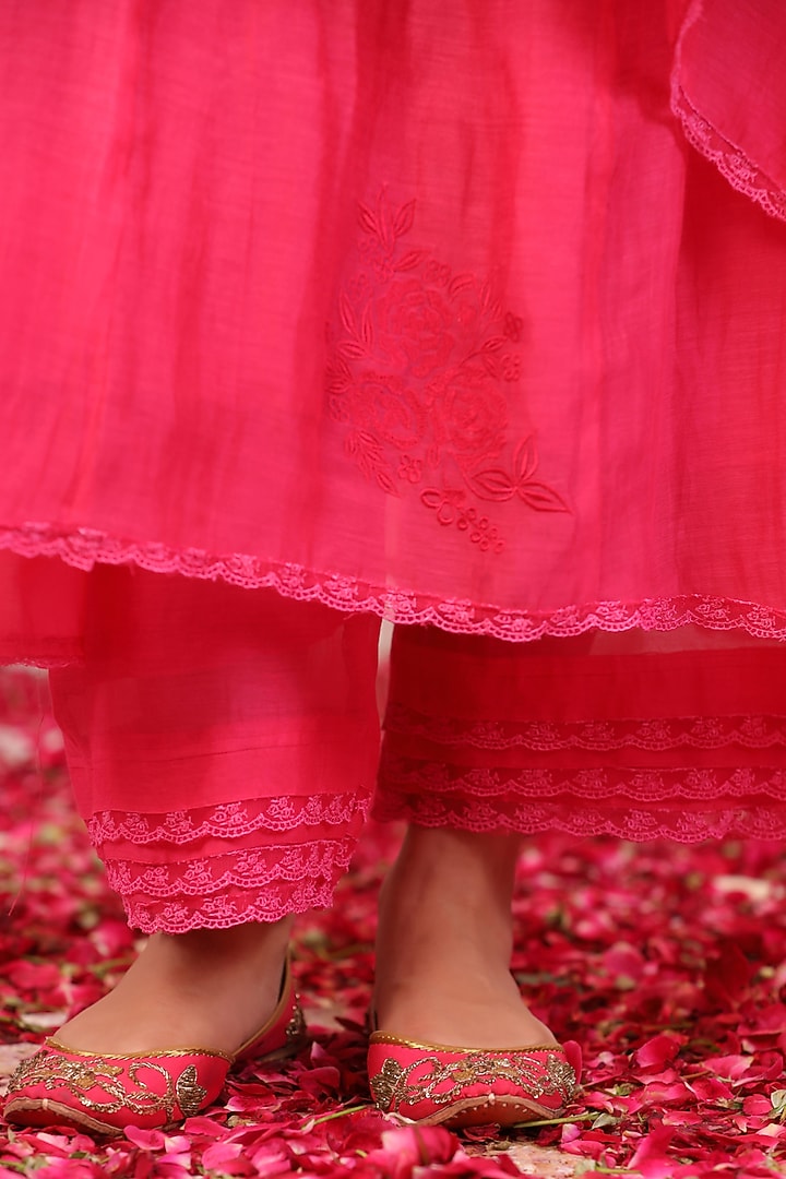 Hot Pink Chanderi Embroidered Kurta Set by ANSHU WADHWA at Pernia's Pop Up Shop