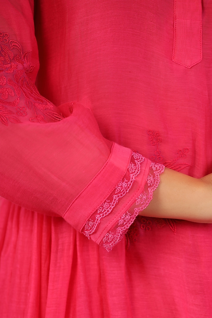 Hot Pink Chanderi Embroidered Kurta Set by ANSHU WADHWA at Pernia's Pop Up Shop