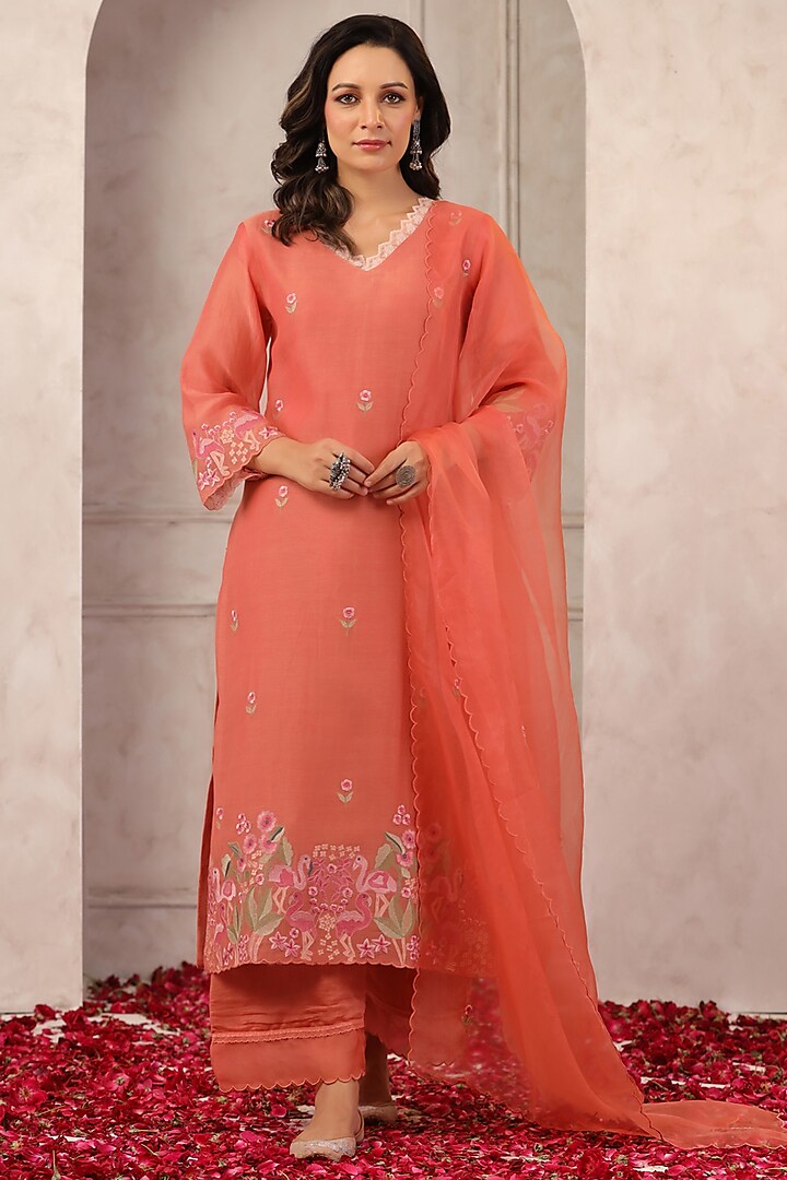 Dark Peach Chanderi Embroidered Kurta Set by ANSHU WADHWA at Pernia's Pop Up Shop