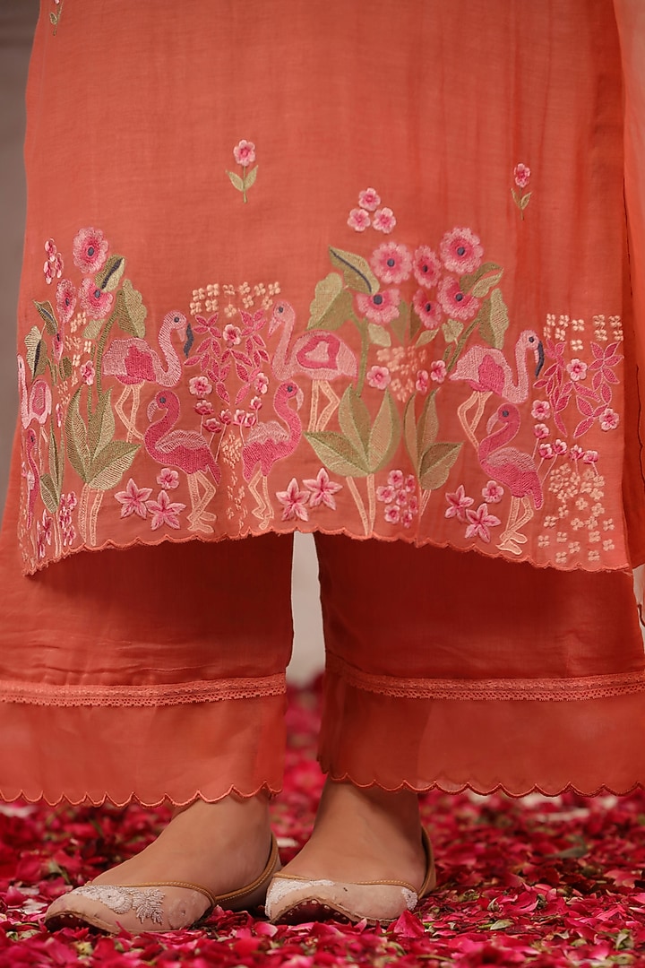 Dark Peach Chanderi Embroidered Kurta Set by ANSHU WADHWA at Pernia's Pop Up Shop