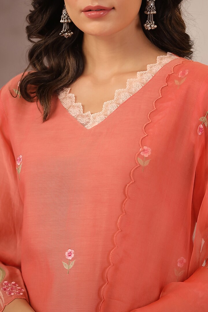 Dark Peach Chanderi Embroidered Kurta Set by ANSHU WADHWA at Pernia's Pop Up Shop