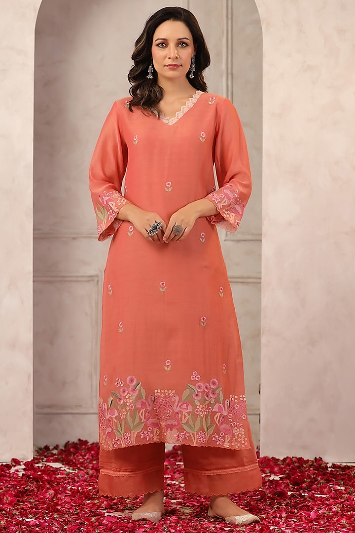 Dark Peach Chanderi Embroidered Kurta Set by ANSHU WADHWA at Pernia's Pop Up Shop