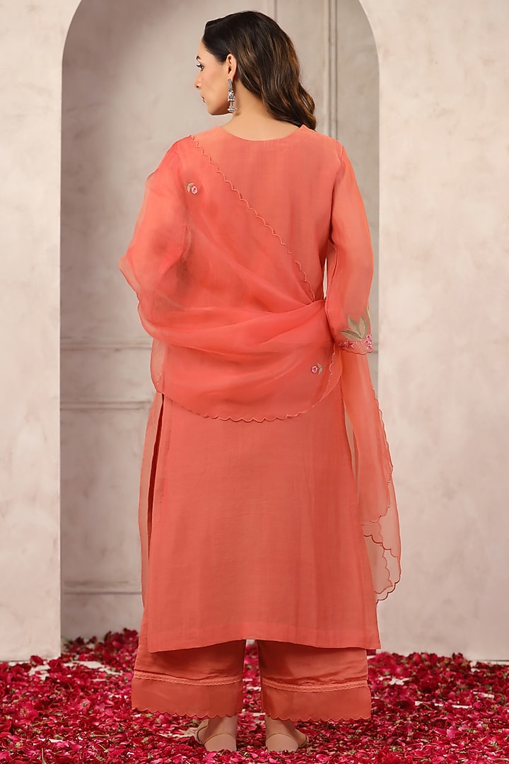 Dark Peach Chanderi Embroidered Kurta Set by ANSHU WADHWA at Pernia's Pop Up Shop