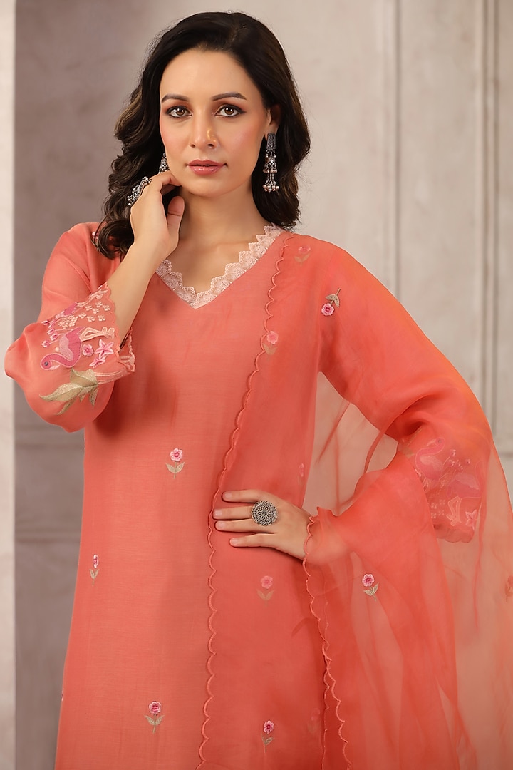 Dark Peach Chanderi Embroidered Kurta Set by ANSHU WADHWA at Pernia's Pop Up Shop