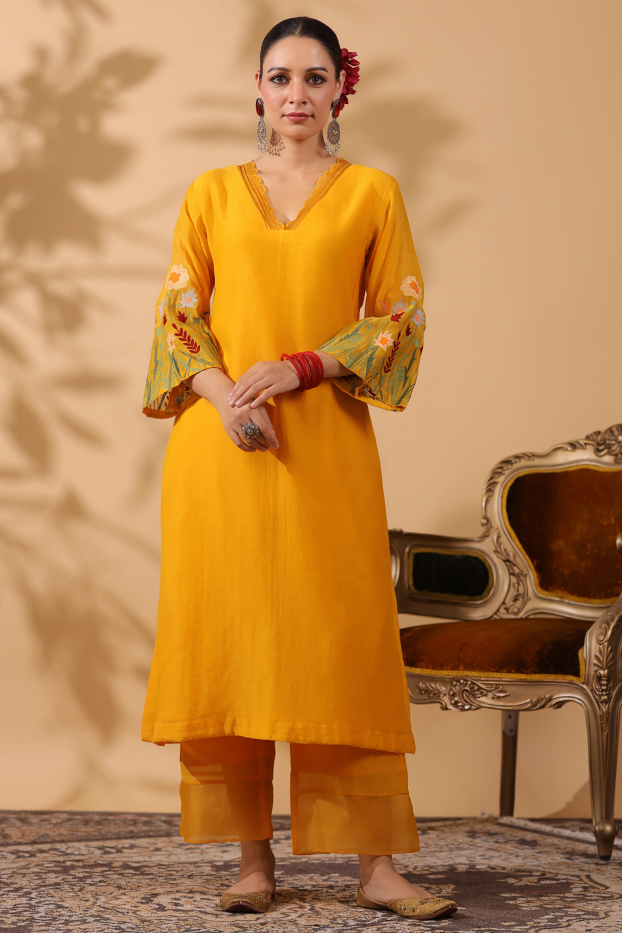 Mango Yellow Chanderi Machine Embroidered Kurta Set by ANSHU WADHWA at Pernia's Pop Up Shop