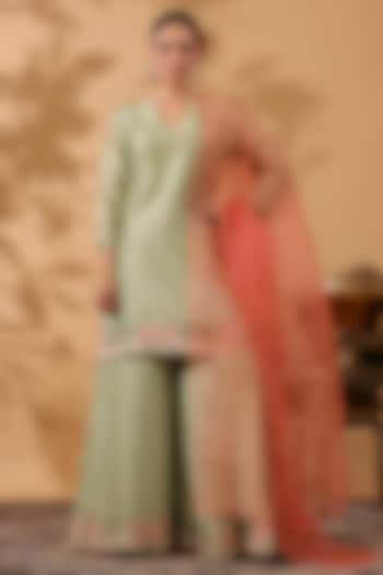 Pista Green Chanderi Machine Embroidered Party Wear Sharara Set by ANSHU WADHWA at Pernia's Pop Up Shop