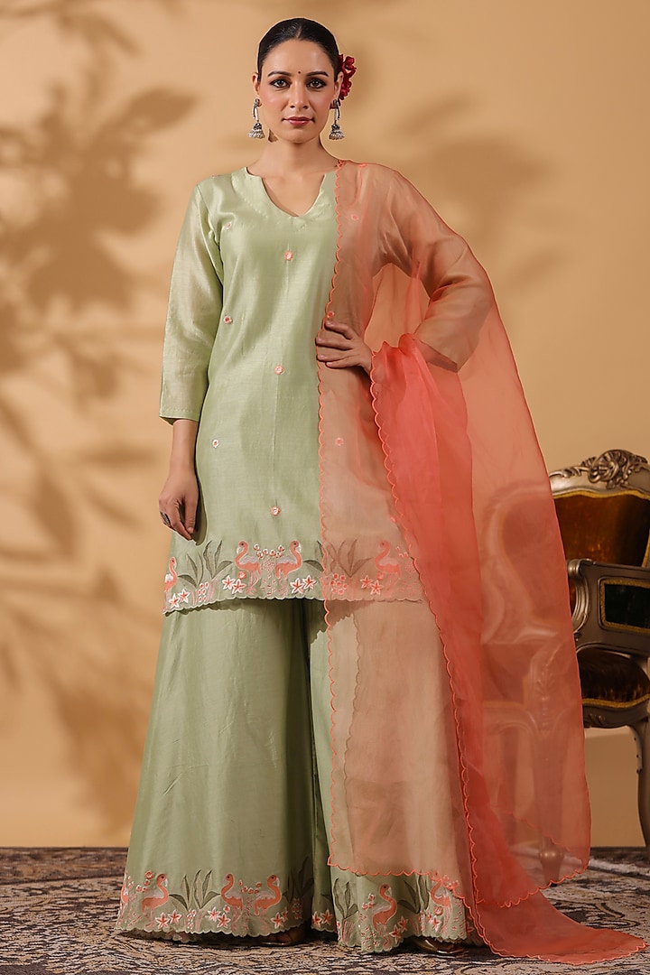 Pista Green Chanderi Machine Embroidered Party Wear Sharara Set by ANSHU WADHWA at Pernia's Pop Up Shop