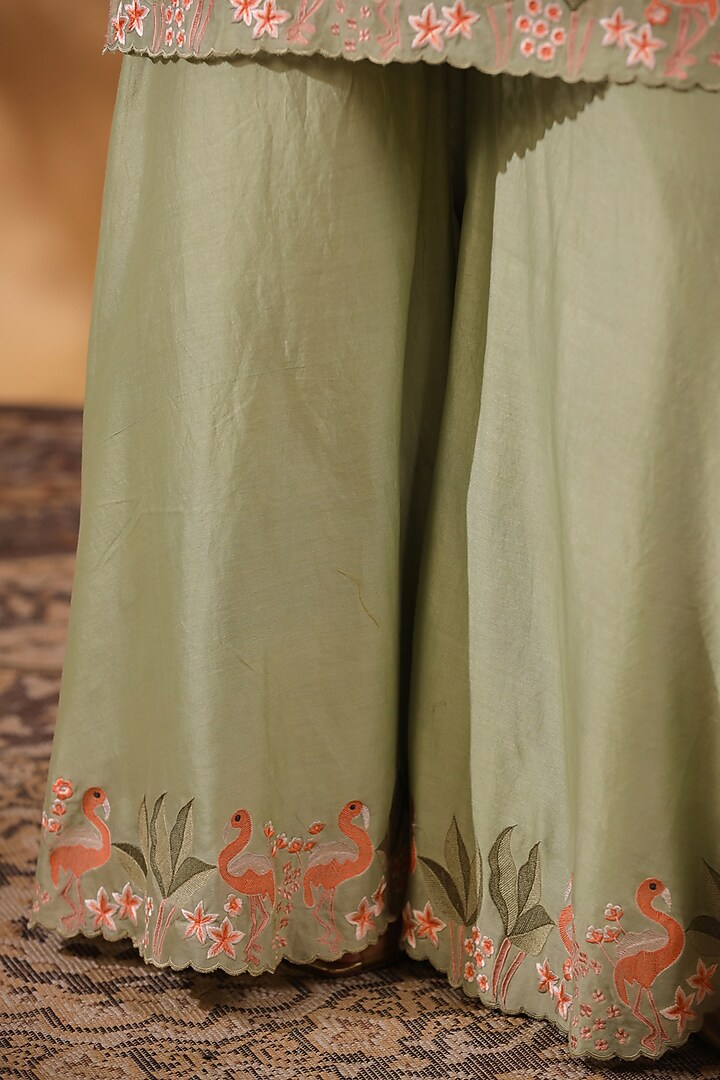 Pista Green Chanderi Machine Embroidered Party Wear Sharara Set by ANSHU WADHWA at Pernia's Pop Up Shop