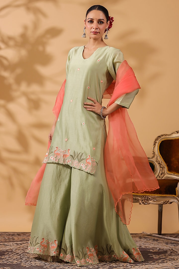 Pista Green Chanderi Machine Embroidered Party Wear Sharara Set by ANSHU WADHWA at Pernia's Pop Up Shop