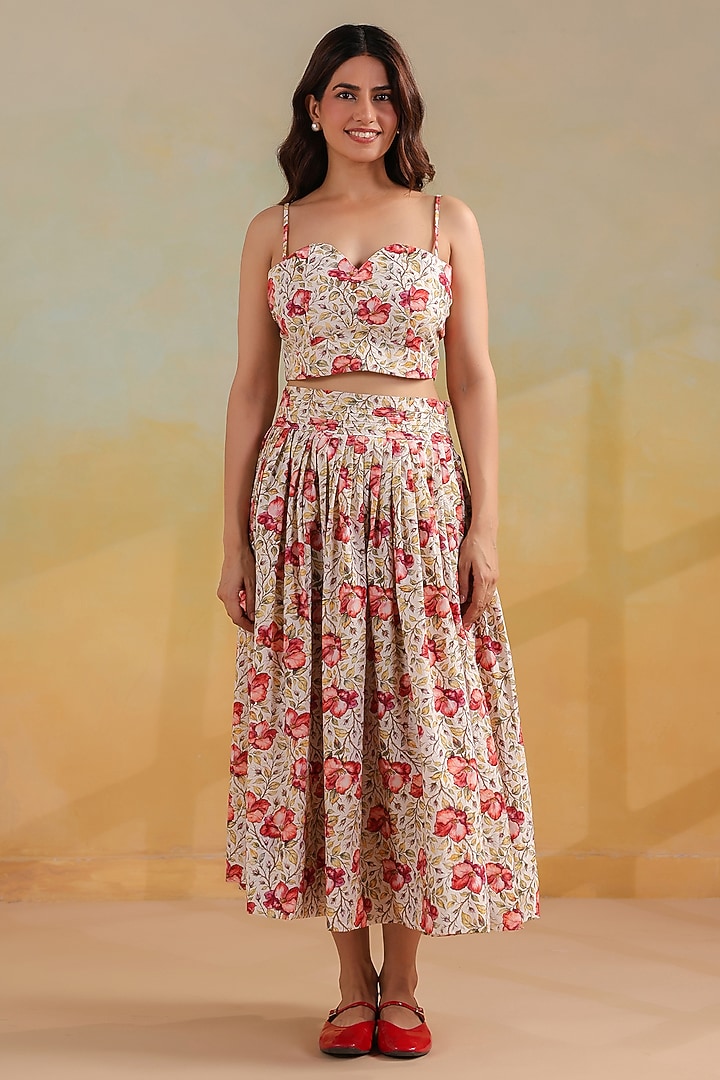 Off-White & Pink Cotton Printed Skirt Set by ANSHU WADHWA at Pernia's Pop Up Shop