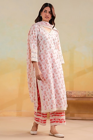 Peach & Off-White Cotton Printed Straight Kurta Set by ANSHU WADHWA