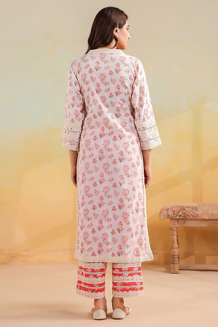 Peach & Off-White Cotton Printed Straight Kurta Set by ANSHU WADHWA at Pernia's Pop Up Shop