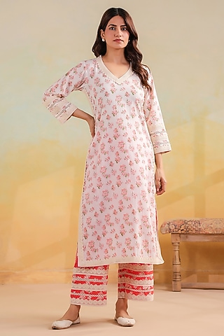 Peach & Off-White Cotton Printed Straight Kurta Set by ANSHU WADHWA