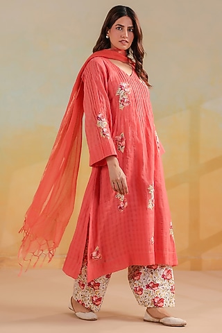 Peachish Orange Cotton A-Line Kurta Set by ANSHU WADHWA