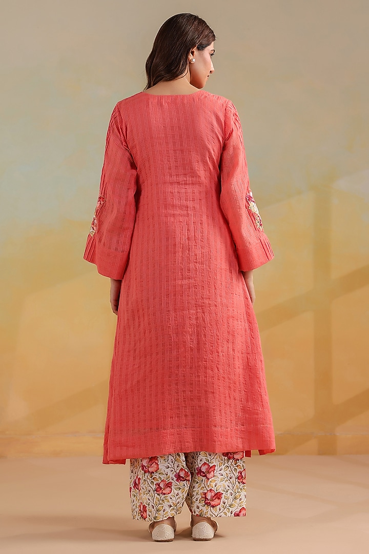 Peachish Orange Cotton A-Line Kurta Set by ANSHU WADHWA at Pernia's Pop Up Shop