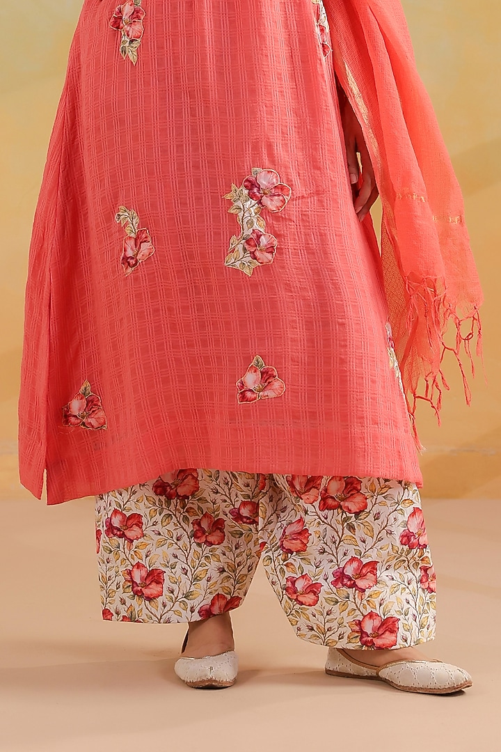 Peachish Orange Cotton A-Line Kurta Set by ANSHU WADHWA at Pernia's Pop Up Shop