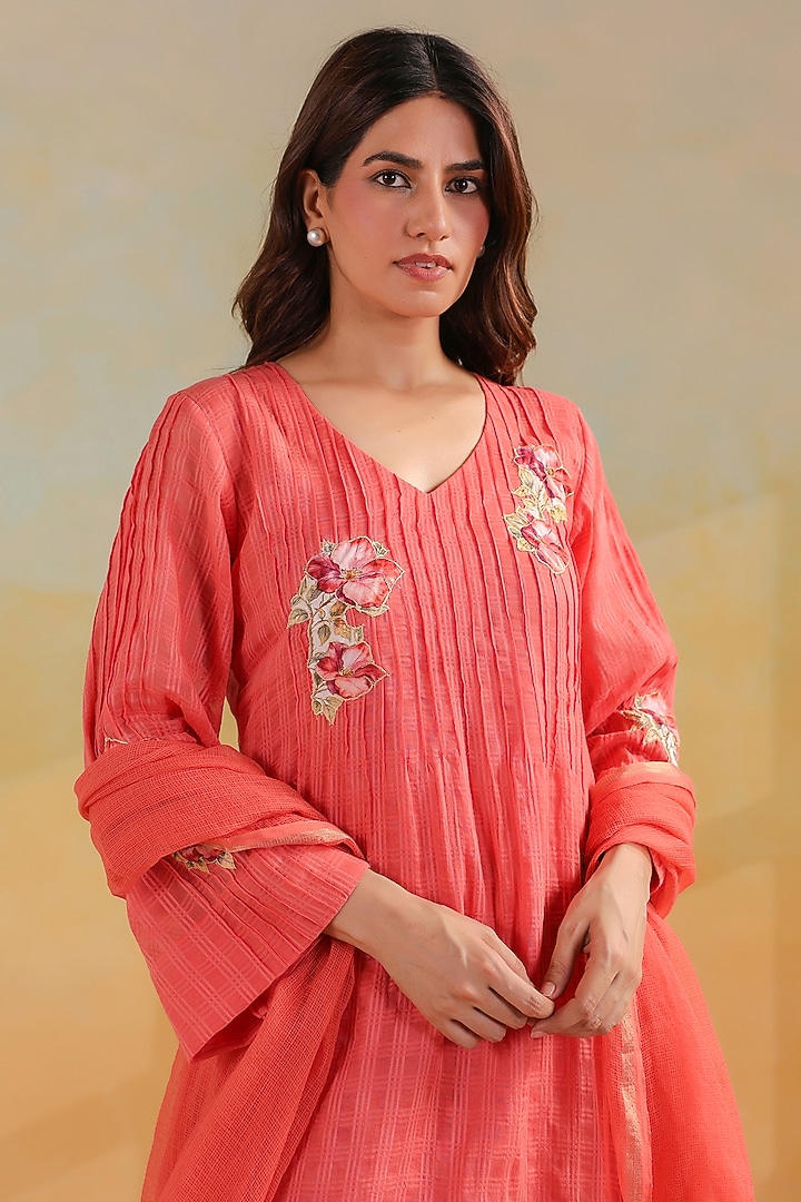 Peachish Orange Cotton A-Line Kurta Set by ANSHU WADHWA at Pernia's Pop Up Shop