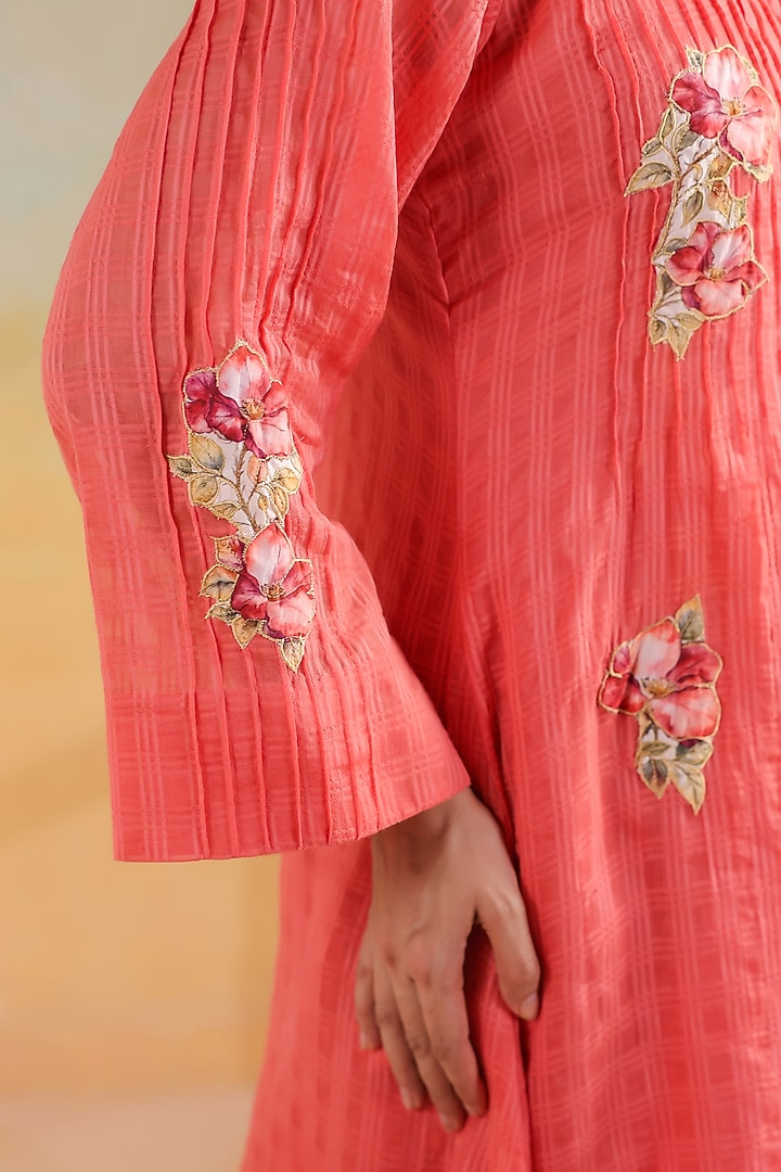 Peachish Orange Cotton A-Line Kurta Set by ANSHU WADHWA at Pernia's Pop Up Shop
