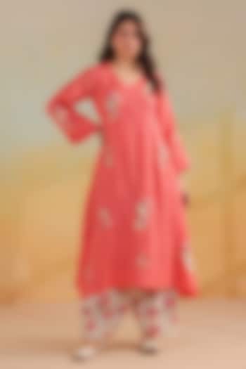 Peachish Orange Cotton A-Line Kurta Set by ANSHU WADHWA at Pernia's Pop Up Shop