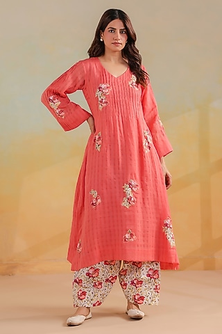 Peachish Orange Cotton A-Line Kurta Set by ANSHU WADHWA