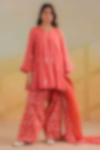Peachish Orange Cotton Doria Work Short Kalidar Kurta Set by ANSHU WADHWA at Pernia's Pop Up Shop