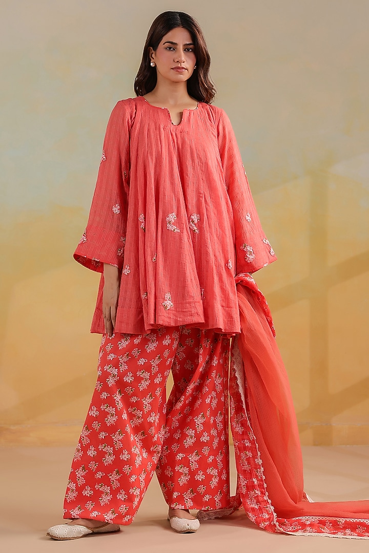 Peachish Orange Cotton Doria Work Short Kalidar Kurta Set by ANSHU WADHWA at Pernia's Pop Up Shop