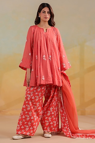 Peachish Orange Cotton Doria Work Short Kalidar Kurta Set by ANSHU WADHWA