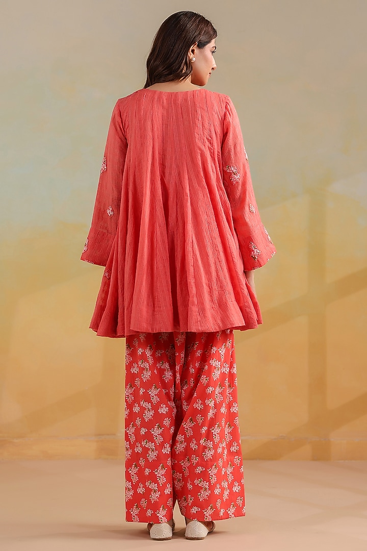 Peachish Orange Cotton Doria Work Short Kalidar Kurta Set by ANSHU WADHWA at Pernia's Pop Up Shop