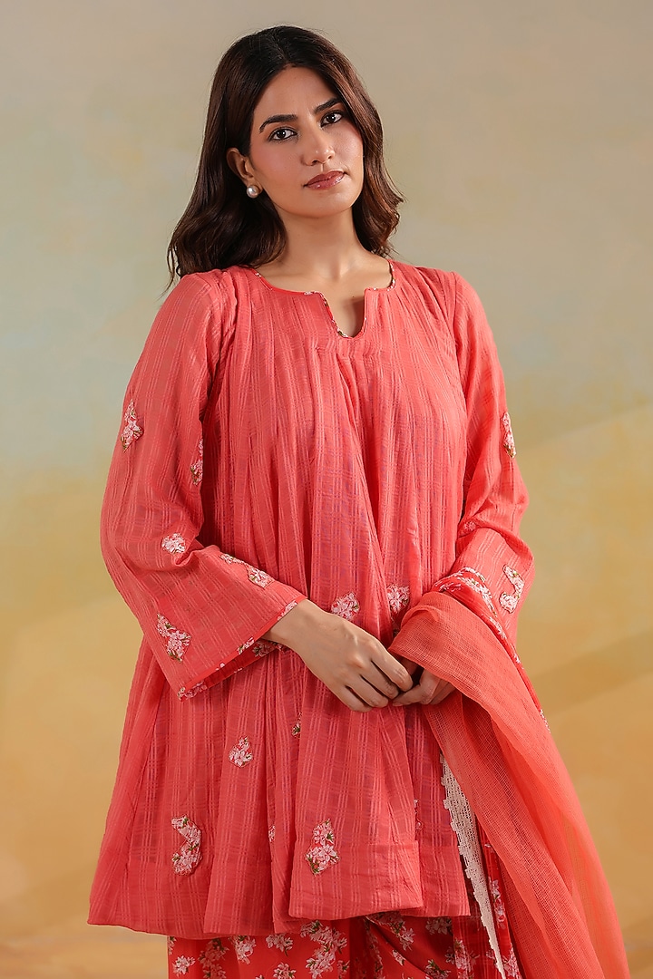 Peachish Orange Cotton Doria Work Short Kalidar Kurta Set by ANSHU WADHWA at Pernia's Pop Up Shop