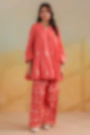 Peachish Orange Cotton Doria Work Short Kalidar Kurta Set by ANSHU WADHWA at Pernia's Pop Up Shop