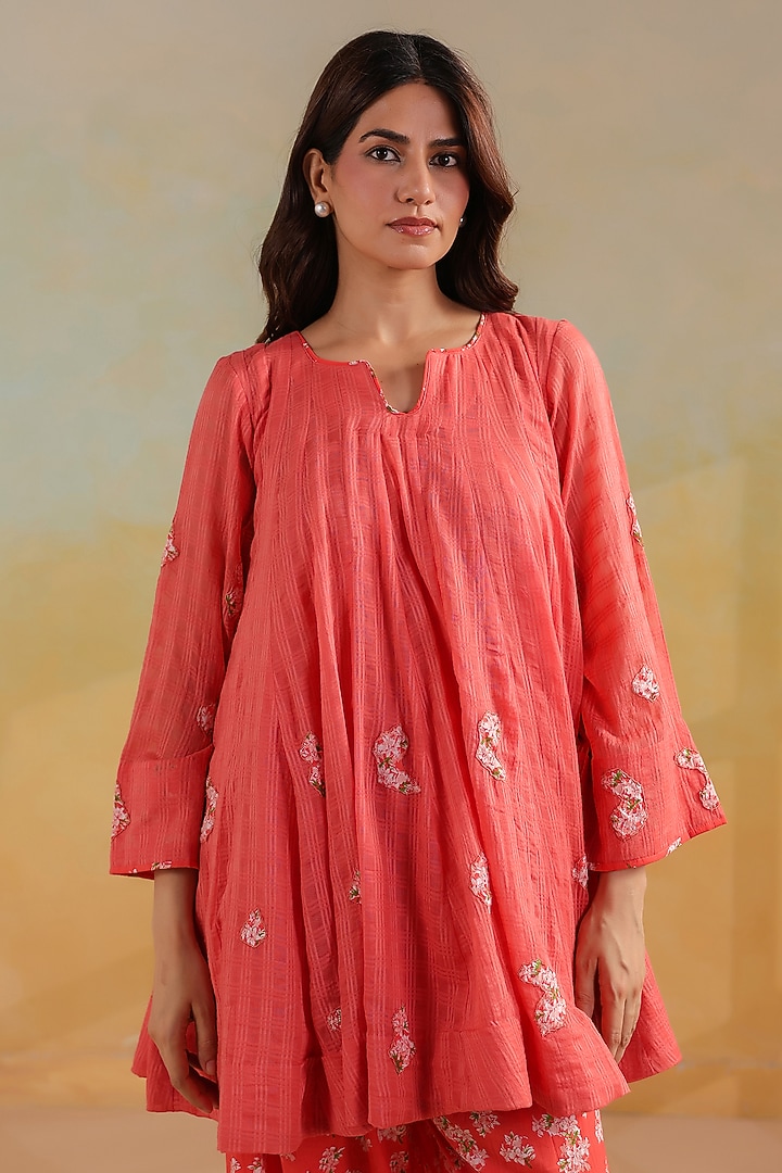 Peachish Orange Cotton Doria Work Short Kalidar Kurta Set by ANSHU WADHWA at Pernia's Pop Up Shop