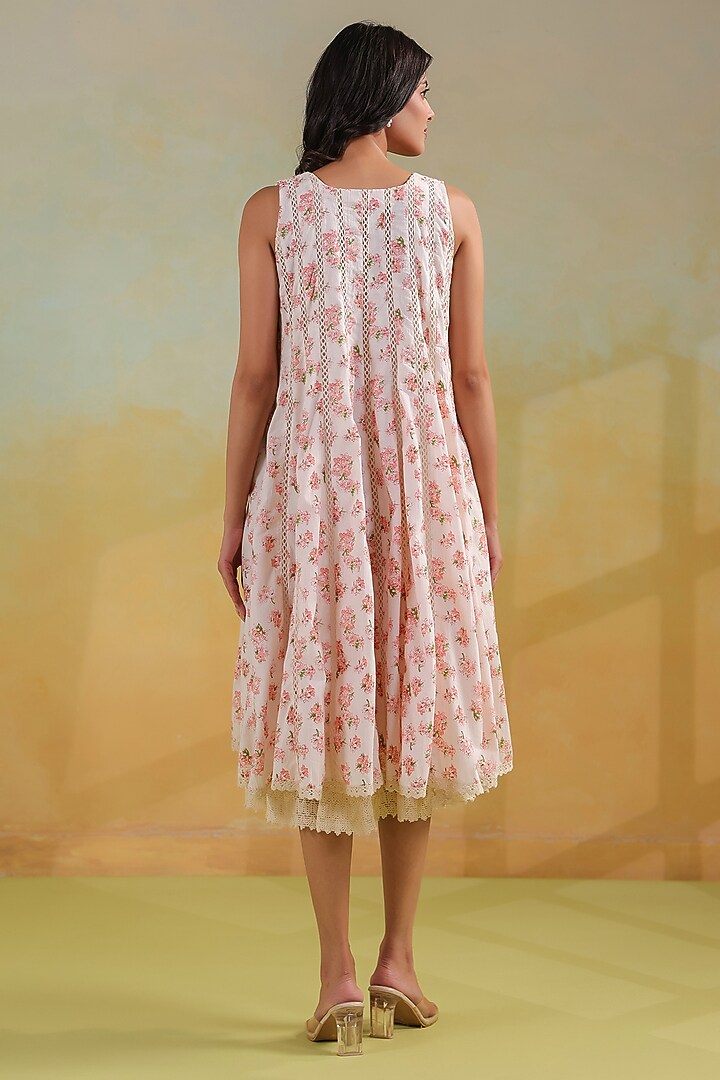 White Cotton Floral Printed Sleeveless Summer Dress by ANSHU WADHWA at Pernia's Pop Up Shop
