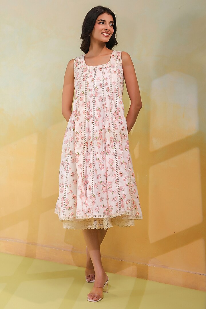 White Cotton Floral Printed Sleeveless Summer Dress by ANSHU WADHWA at Pernia's Pop Up Shop