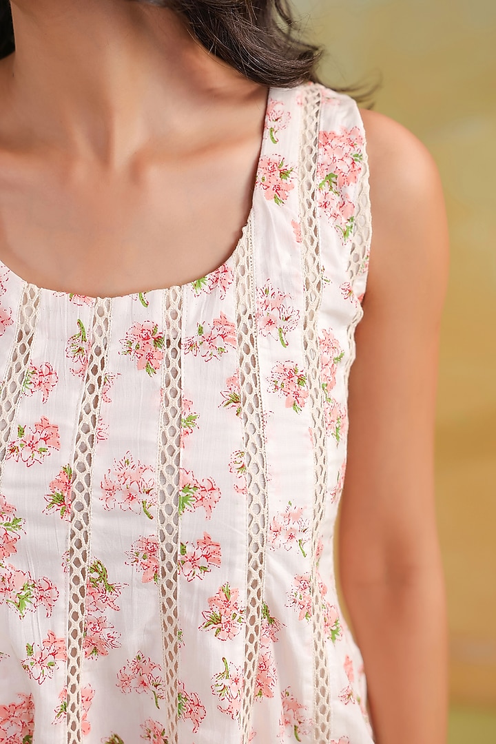 White Cotton Floral Printed Sleeveless Summer Dress by ANSHU WADHWA at Pernia's Pop Up Shop