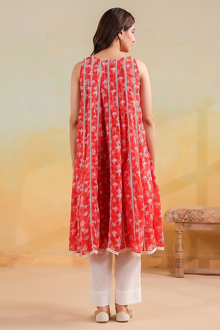 Peachish Orange Cotton Printed Sleeveless Kalidar Kurta Set by ANSHU WADHWA at Pernia's Pop Up Shop