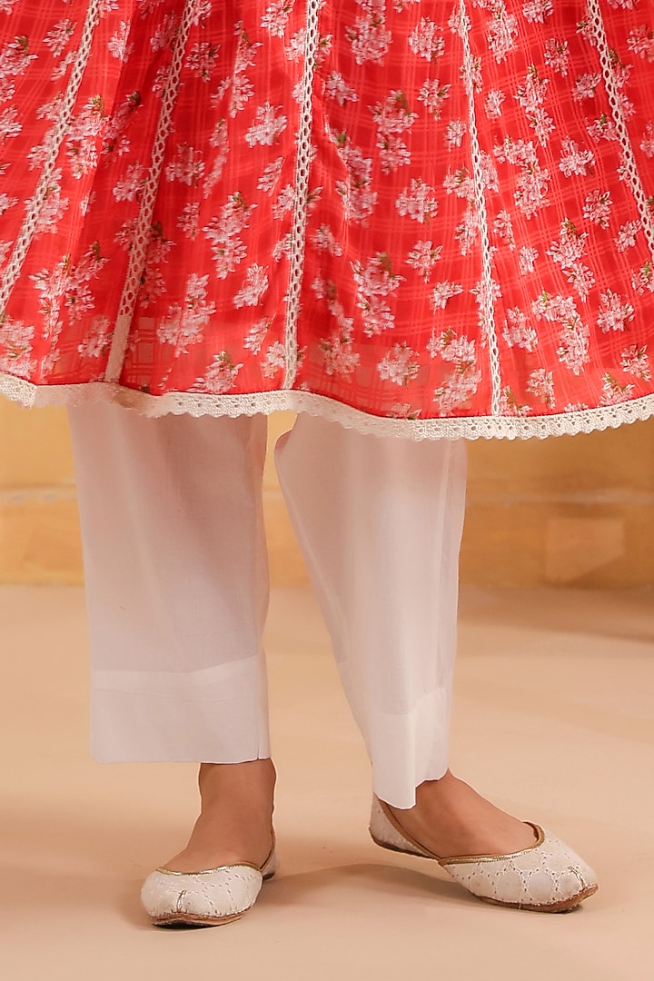 Peachish Orange Cotton Printed Sleeveless Kalidar Kurta Set by ANSHU WADHWA at Pernia's Pop Up Shop