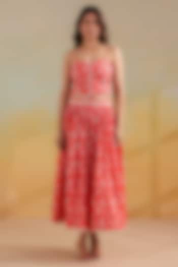 Peachish Orange Cotton Printed Skirt Set by ANSHU WADHWA at Pernia's Pop Up Shop