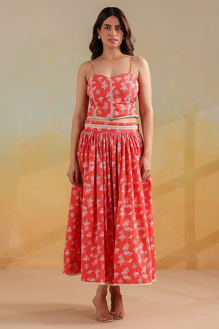 Peachish Orange Cotton Printed Skirt Set by ANSHU WADHWA at Pernia's Pop Up Shop