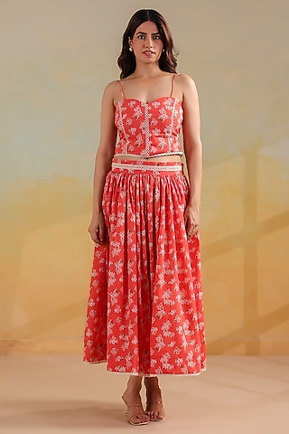Peachish Orange Cotton Printed Skirt Set by ANSHU WADHWA