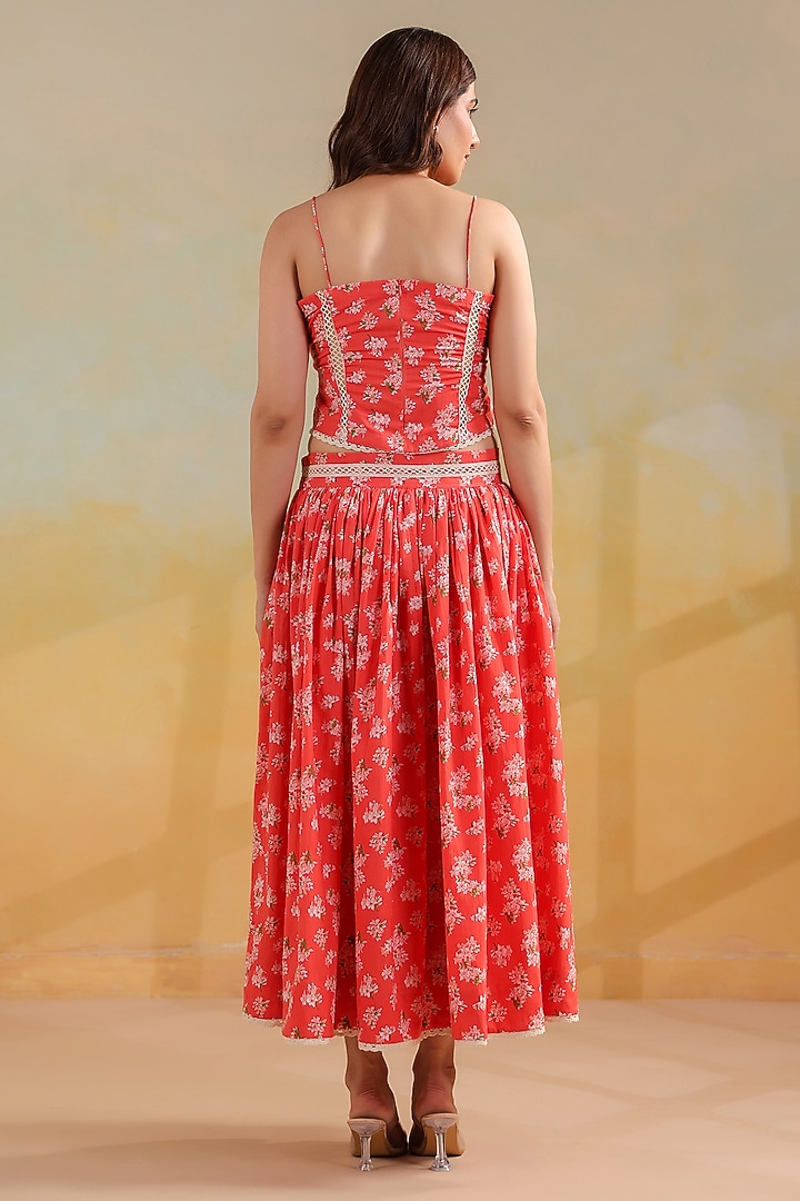 Peachish Orange Cotton Printed Skirt Set by ANSHU WADHWA at Pernia's Pop Up Shop
