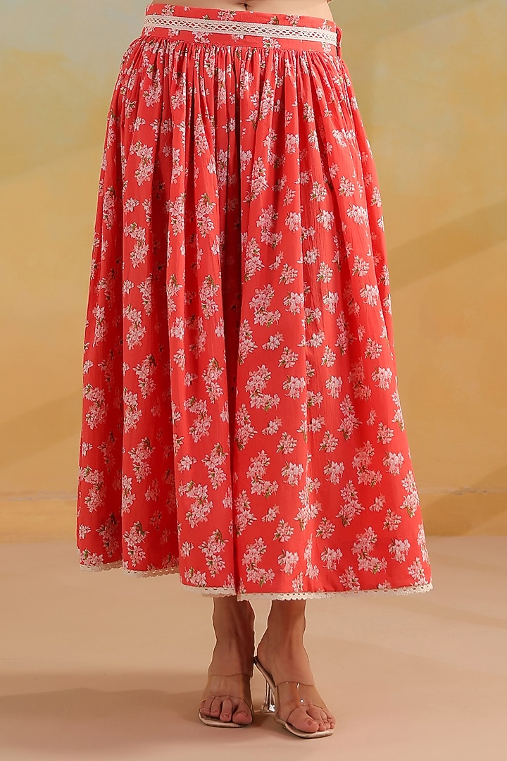 Peachish Orange Cotton Printed Skirt Set by ANSHU WADHWA at Pernia's Pop Up Shop