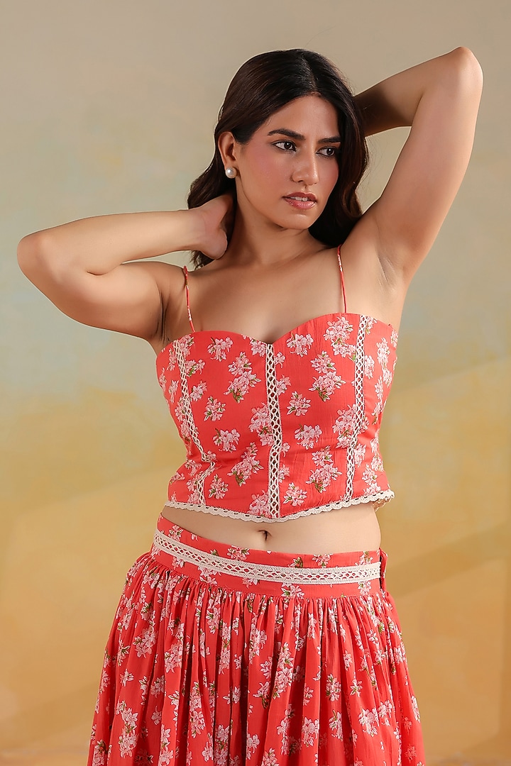 Peachish Orange Cotton Printed Skirt Set by ANSHU WADHWA at Pernia's Pop Up Shop