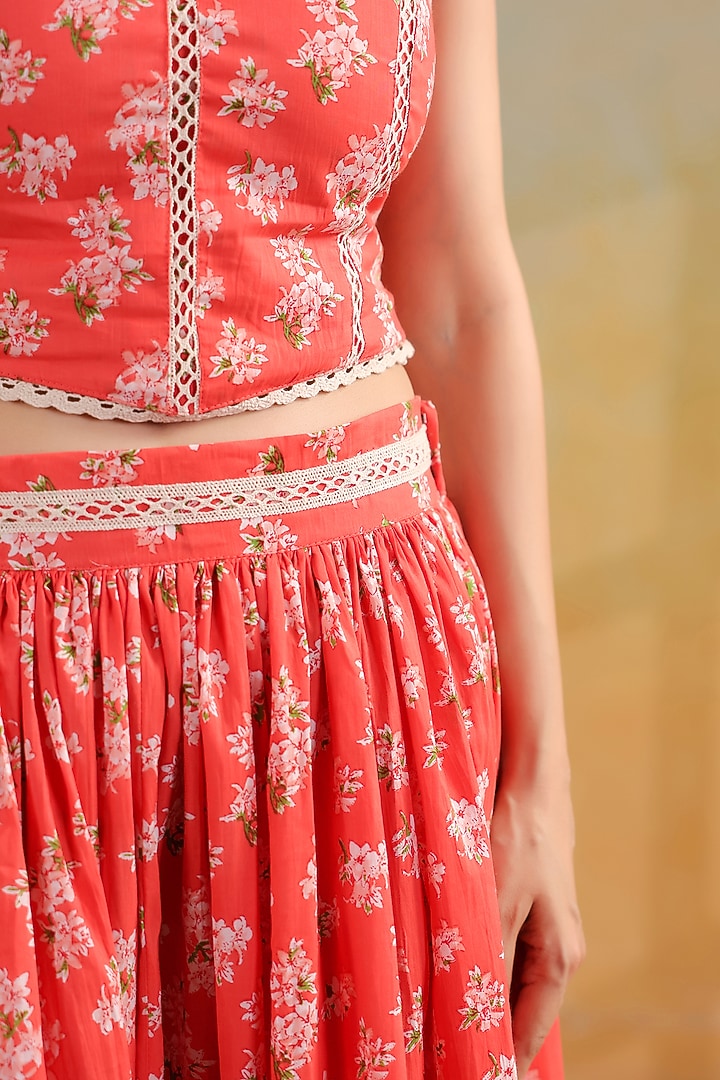 Peachish Orange Cotton Printed Skirt Set by ANSHU WADHWA at Pernia's Pop Up Shop
