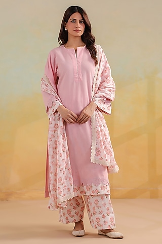 Pink Cotton Embroidered Kurta Set by ANSHU WADHWA