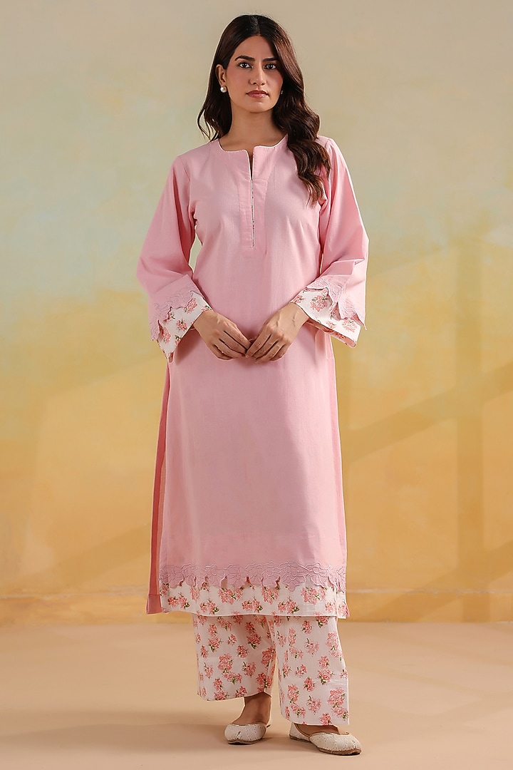 Pink Cotton Embroidered Kurta Set by ANSHU WADHWA at Pernia's Pop Up Shop