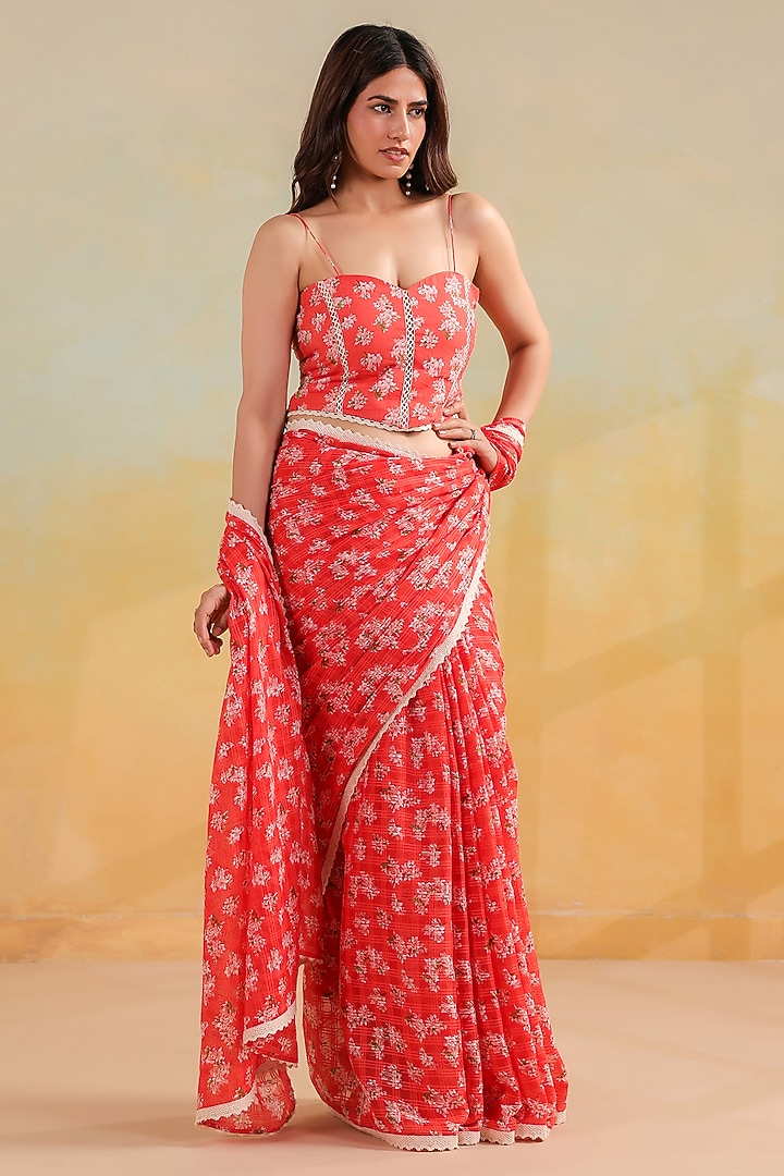 Peachish Orange Cotton Floral Printed Festive Saree Set by ANSHU WADHWA at Pernia's Pop Up Shop