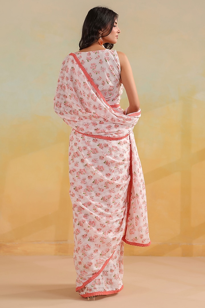 White Cotton Floral Printed Festive Saree Set by ANSHU WADHWA at Pernia's Pop Up Shop