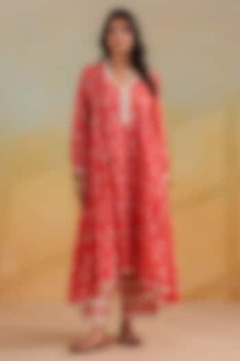 Peachish Orange Cotton Printed Gathered Kurta Set by ANSHU WADHWA at Pernia's Pop Up Shop