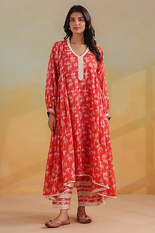 Peachish Orange Cotton Printed Gathered Kurta Set by ANSHU WADHWA